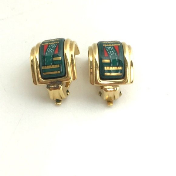 HERMES Accessories Emile Accessories Earrings Gold Plated Green/Gold - Picture 1 of 8